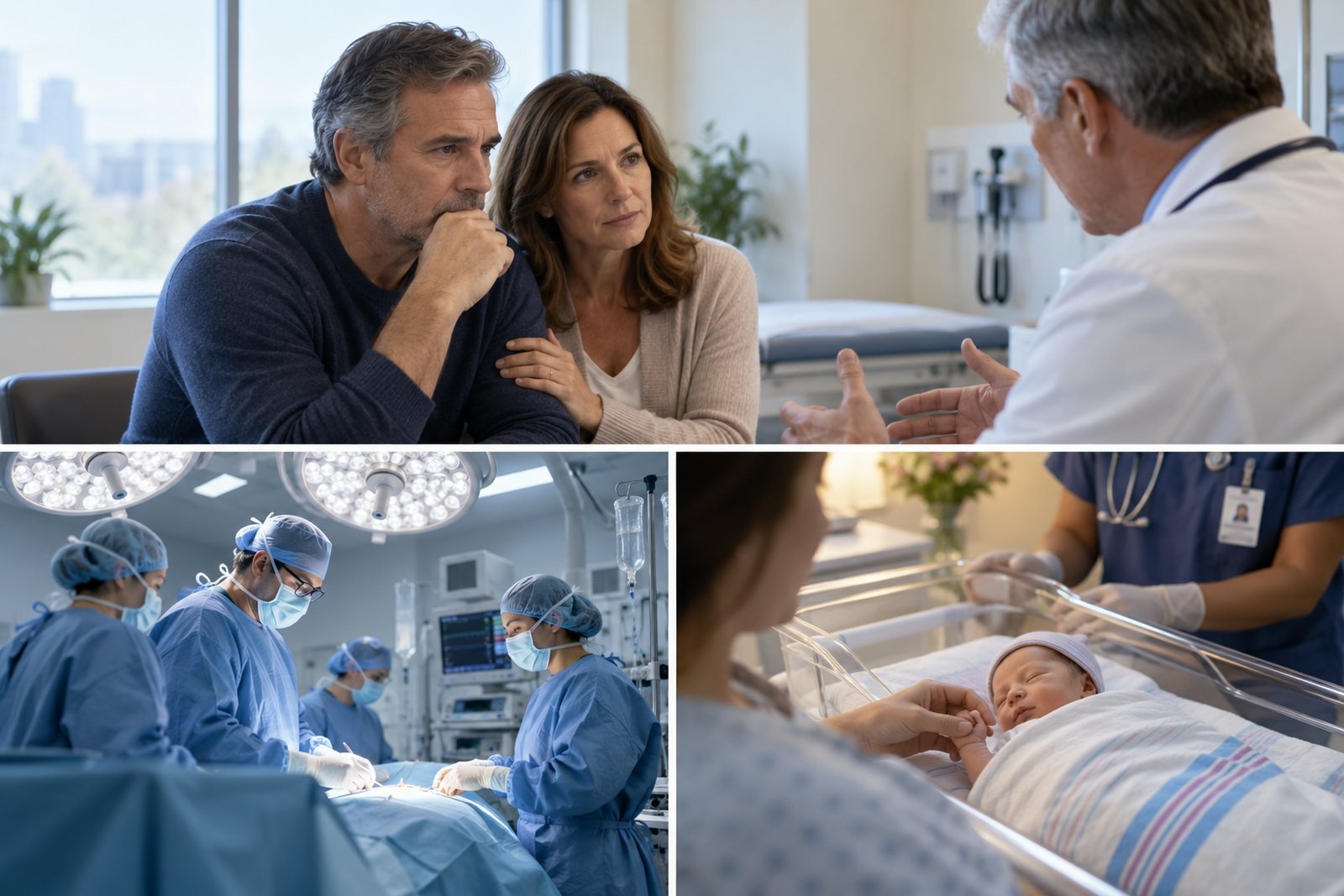 Hospital consultation, surgery and newborn care scenes
